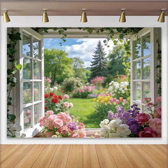 Lofaris Vibrant Spring Window Garden Photography Backdrop with Colorful Flowers, Lush Natural Scenery Background for Studio Photoshoots