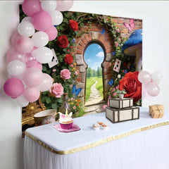 Lofaris Wonderland Photography Backdrop with Magical Archway, Roses and Butterflies, Enchanting Garden Background for Studio Photoshoot
