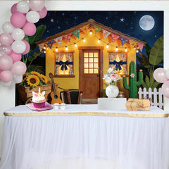 Lofaris Festive Mexican Fiesta Backdrop with Yellow House and String Lights, Full Moon Night Background for Party Decor