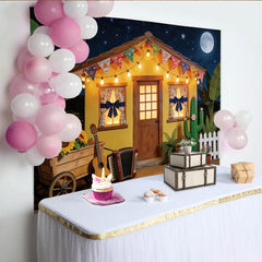 Lofaris Festive Mexican Fiesta Backdrop with Yellow House and String Lights, Full Moon Night Background for Party Decor