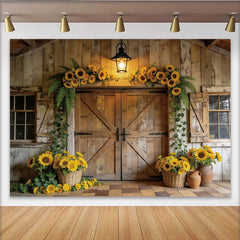 Lofaris Rustic Sunflower Barn Door Photography Backdrop, Elegant Wood Background for Studio Portrait and Event Decor