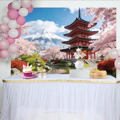 Lofaris Scenic Japanese Landscape Photography Backdrop with Red Pagoda and Cherry Blossoms, Beautiful Studio Background for Spring Photoshoot