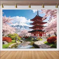 Lofaris Scenic Japanese Landscape Photography Backdrop with Red Pagoda and Cherry Blossoms, Beautiful Studio Background for Spring Photoshoot