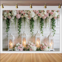 Lofaris Elegant Rustic Floral Photography Backdrop, White Wood Wall Background for Wedding Photoshoot and Party Decor