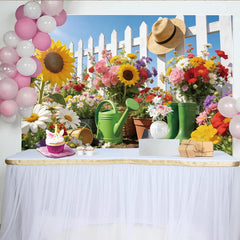 Lofaris Vibrant Spring Garden Photography Backdrop with Sunflowers and Picket Fence, Outdoor Photo Background for Party Decor