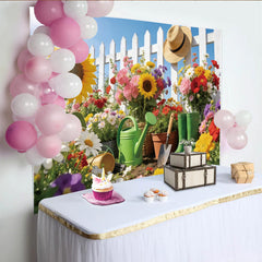Lofaris Vibrant Spring Garden Photography Backdrop with Sunflowers and Picket Fence, Outdoor Photo Background for Party Decor
