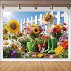 Lofaris Vibrant Spring Garden Photography Backdrop with Sunflowers and Picket Fence, Outdoor Photo Background for Party Decor