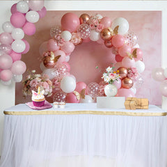 Lofaris Elegant Pink Rose Gold Birthday Backdrop with Balloons and Butterflies, Beautiful Party Decor for Girls Photoshoot and Celebration