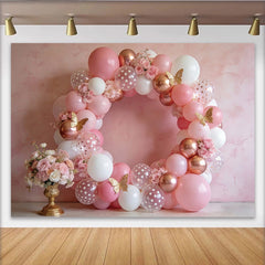 Lofaris Elegant Pink Rose Gold Birthday Backdrop with Balloons and Butterflies, Beautiful Party Decor for Girls Photoshoot and Celebration