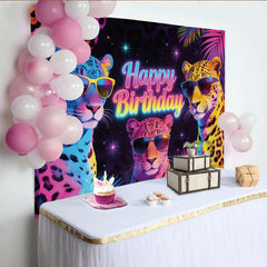 Lofaris Retro Neon Leopard Happy Birthday Backdrop with Cool Sunglasses, Colorful Party Background for Kids Celebration Decor