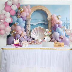 Lofaris Pastel Mermaid Birthday Backdrop with Balloons and Starfish, Dreamy Ocean Theme Decor for Girls Party Photoshoot