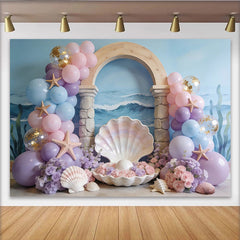 Lofaris Pastel Mermaid Birthday Backdrop with Balloons and Starfish, Dreamy Ocean Theme Decor for Girls Party Photoshoot