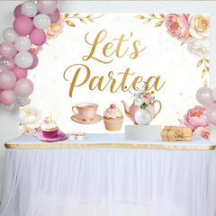 Lofaris Pink Floral Tea Party Birthday Backdrop with Golden Let's Partea Text, Elegant Photo Background for Girls Celebration and Party Decor