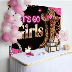 Lofaris Pink Glitter Cowgirl Birthday Backdrop with Leopard Print Let's Go Girls Western Party Background for Girls Photoshoot and Event Decor