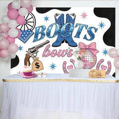 Lofaris Blue Boots and Pink Bows Baby Shower Backdrop with Cow Print, Western Gender Reveal Party Photography Background