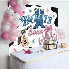 Lofaris Blue Boots and Pink Bows Baby Shower Backdrop with Cow Print, Western Gender Reveal Party Photography Background