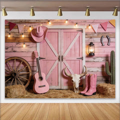 Lofaris Pink Western Photography Backdrop with Barn Doors, Rustic Country Background for Photoshoot and Party Decor