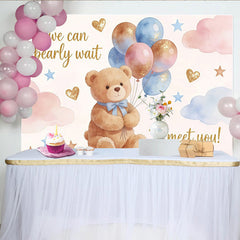 Lofaris Cute Bear Baby Shower Backdrop with Pink and Blue Balloons and Glitter, We Can Bearly Wait Photography Background for Welcome Party