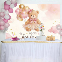 Lofaris Pink Gold Teddy Bear Baby Shower Backdrop with Balloons and Roses, Adorable We Can Bearly Wait Background for Party Decor