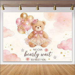 Lofaris Pink Gold Teddy Bear Baby Shower Backdrop with Balloons and Roses, Adorable We Can Bearly Wait Background for Party Decor