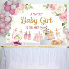 Lofaris Pink Floral Baby Girl Baby Shower Backdrop with Gold Glitter, Sweet Party Decor for Photoshoot and Celebration.