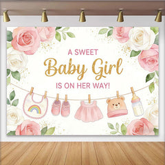 Lofaris Pink Floral Baby Girl Baby Shower Backdrop with Gold Glitter, Sweet Party Decor for Photoshoot and Celebration.
