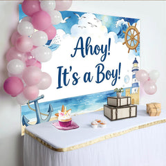 Lofaris Ahoy It's a Boy Nautical Baby Shower Backdrop with Sailboat and Lighthouse, Ocean Beach Theme Background for Party Decor