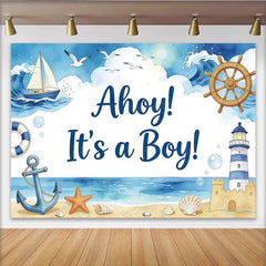 Lofaris Ahoy It's a Boy Nautical Baby Shower Backdrop with Sailboat and Lighthouse, Ocean Beach Theme Background for Party Decor