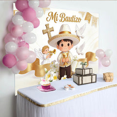 Lofaris Golden Mi Bautizo Baptism Backdrop with Cartoon Boy and Doves, Elegant Photography Background for Religious Ceremony Decor