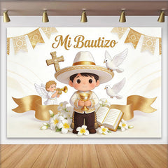 Lofaris Golden Mi Bautizo Baptism Backdrop with Cartoon Boy and Doves, Elegant Photography Background for Religious Ceremony Decor