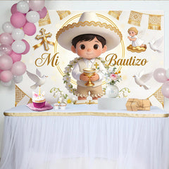 Lofaris White and Gold Mi Bautizo Baptism Backdrop for Boy, with Cute Cartoon Boy, Doves, and Angel, Elegant Photo Background