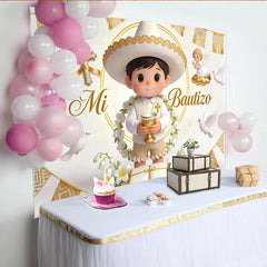 Lofaris White and Gold Mi Bautizo Baptism Backdrop for Boy, with Cute Cartoon Boy, Doves, and Angel, Elegant Photo Background