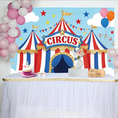 Lofaris Vibrant Cartoon Circus Birthday Backdrop with Red, White, and Blue Tent, Glitter and Balloons, Fun Party Decor for Kids Photoshoot