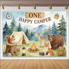 Lofaris One Happy Camper Camping Birthday Backdrop with Forest Animals, Tent, and Campfire, Woodland Party Decor for Celebration.