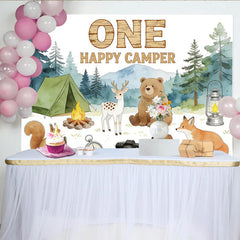 Lofaris Woodland Camping One Happy Camper 1st Birthday Backdrop with Forest Animals, Nature Photography Background for Party Decor