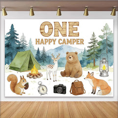 Lofaris Woodland Camping One Happy Camper 1st Birthday Backdrop with Forest Animals, Nature Photography Background for Party Decor