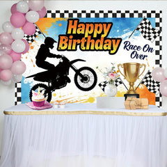 Lofaris Happy Birthday Racing Motorcycle Backdrop for Boys, Dynamic Party Decor with Checkered Flags and Trophy