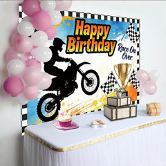 Lofaris Happy Birthday Racing Motorcycle Backdrop for Boys, Dynamic Party Decor with Checkered Flags and Trophy