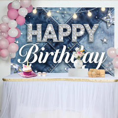 Lofaris Sparkling Glitter Denim Birthday Backdrop with Happy Birthday Text, Elegant Photo Background for Party Decoration