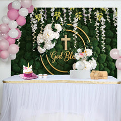 Lofaris God Bless Green Moss Wall Baptism Backdrop with White Flowers, Elegant Golden Cross Background for Religious Events.