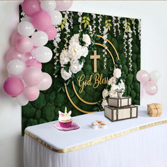 Lofaris God Bless Green Moss Wall Baptism Backdrop with White Flowers, Elegant Golden Cross Background for Religious Events.