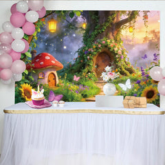 Lofaris Enchanting Fairy Garden Photography Backdrop with Mushroom House and Tree, Whimsical Forest Background for Kids Photoshoot