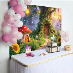 Lofaris Enchanting Fairy Garden Photography Backdrop with Mushroom House and Tree, Whimsical Forest Background for Kids Photoshoot