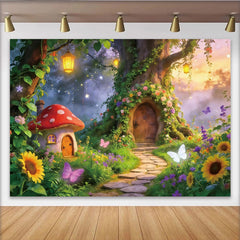 Lofaris Enchanting Fairy Garden Photography Backdrop with Mushroom House and Tree, Whimsical Forest Background for Kids Photoshoot