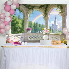Lofaris Dreamy Fairytale Castle Balcony Photography Backdrop with Rainbow and Doves, Photo Background for Princess Party and Studio Portrait