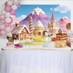 Lofaris Vibrant Candy Land Birthday Backdrop with Gingerbread House and Castle, Sweet Fantasy Party Background for Kids Photoshoot