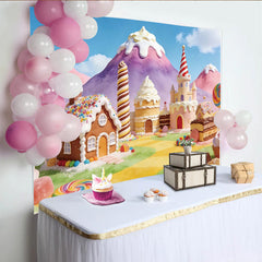 Lofaris Vibrant Candy Land Birthday Backdrop with Gingerbread House and Castle, Sweet Fantasy Party Background for Kids Photoshoot