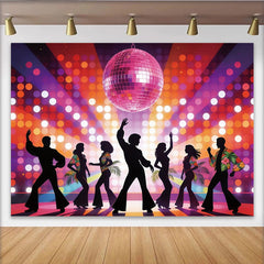 Lofaris Pink Disco Ball Dance Backdrop with Colorful Bokeh Lights and Dancing Silhouettes, Retro Party Background for Event Decor.