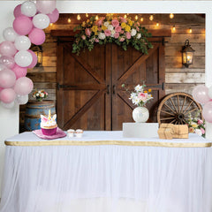 Lofaris Rustic Wooden Barn Photography Backdrop with Floral Arch and String Lights, Charming Farmhouse Background for Event Photoshoot