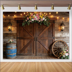 Lofaris Rustic Wooden Barn Photography Backdrop with Floral Arch and String Lights, Charming Farmhouse Background for Event Photoshoot